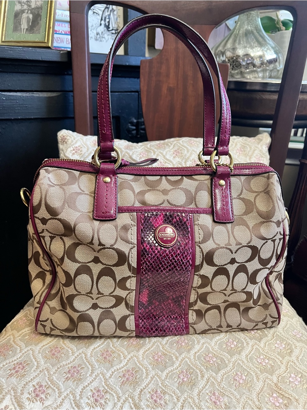 🦋 Coach Signature Stripe Satchel python zip satchel in khaki raspberry